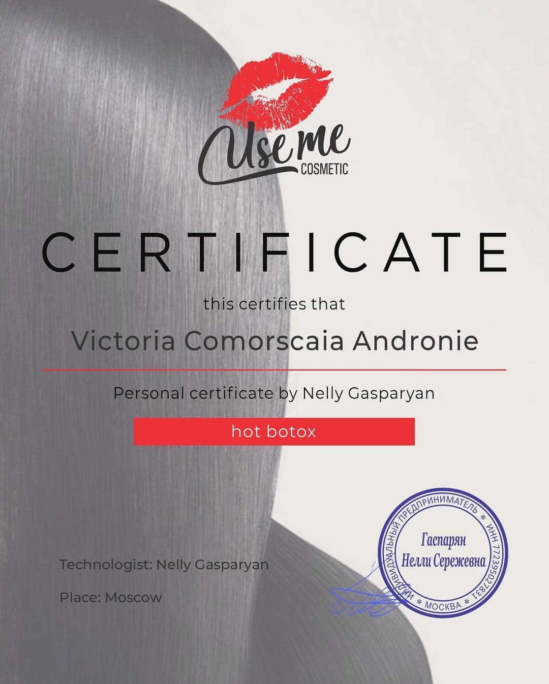 Certificato 5 — formazione professionale Victoria's Hair Spa